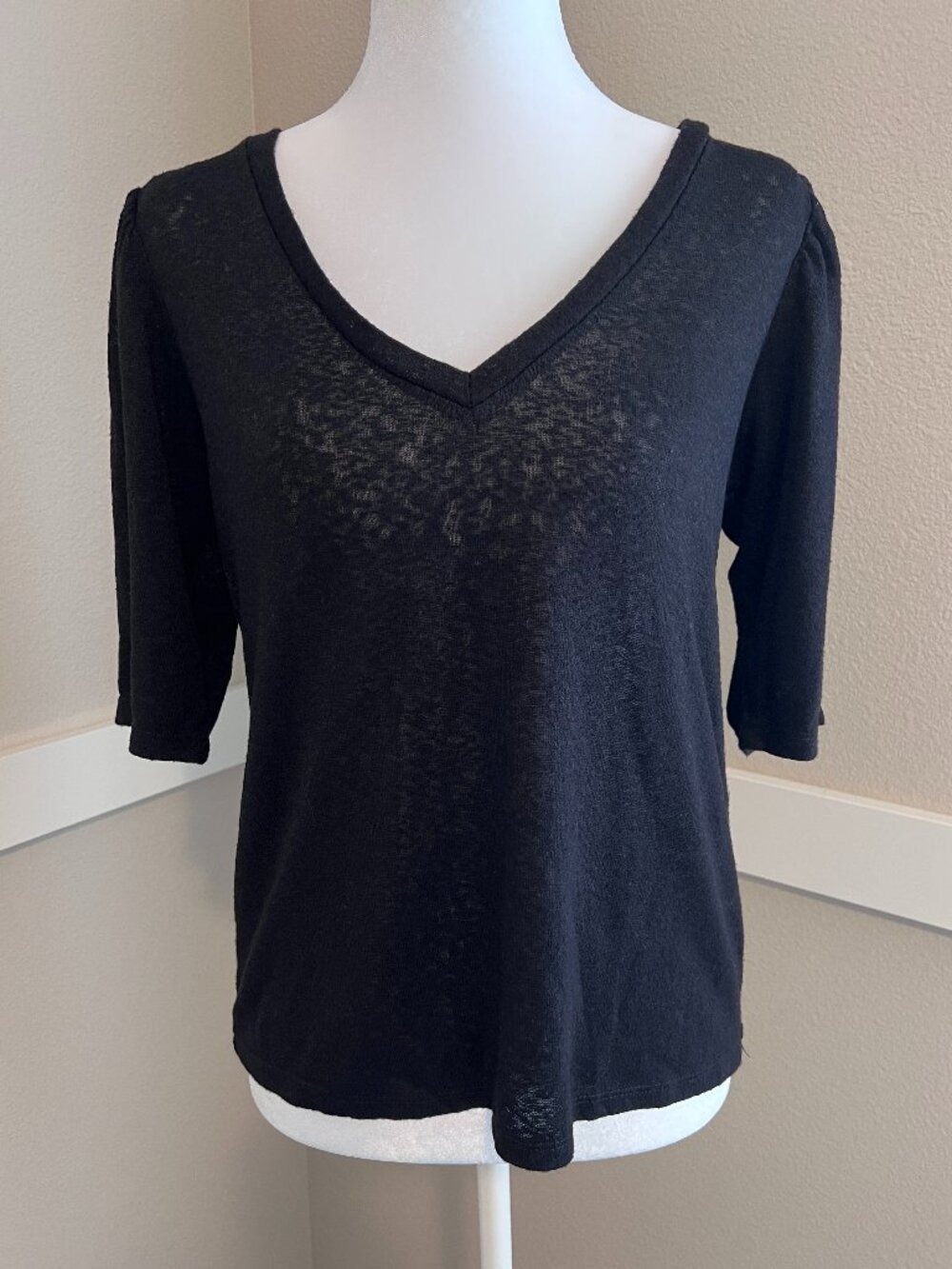 Studio B by Bobeau Black Semi-Sheer 3/4 Sleeve V-Neck Top - Size Small